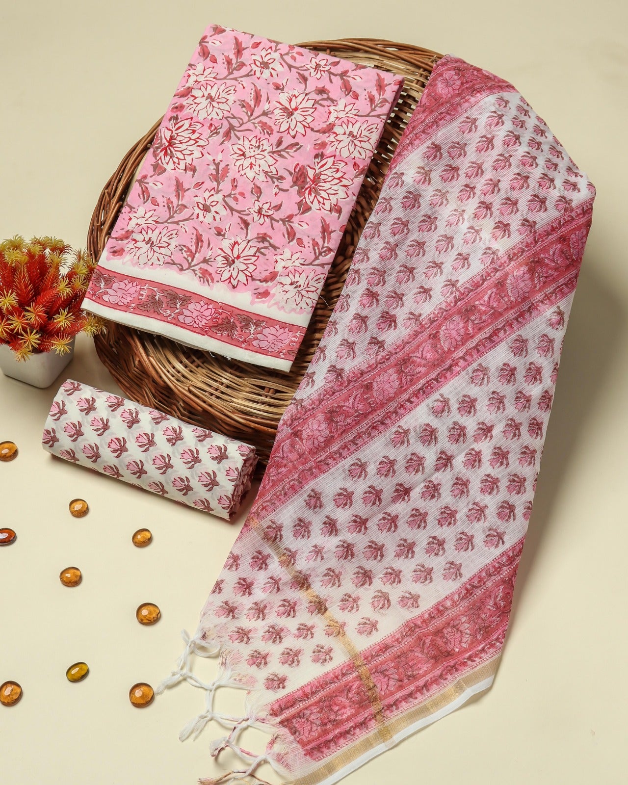 Shop block printed kota doria dupatta cotton suits online (3CKD108)