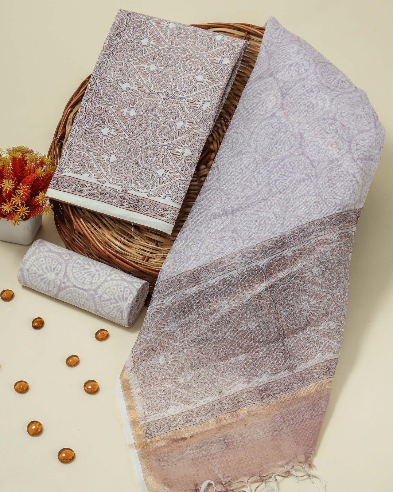 Shop block printed cotton suits with kota dupatta (3CKD109)