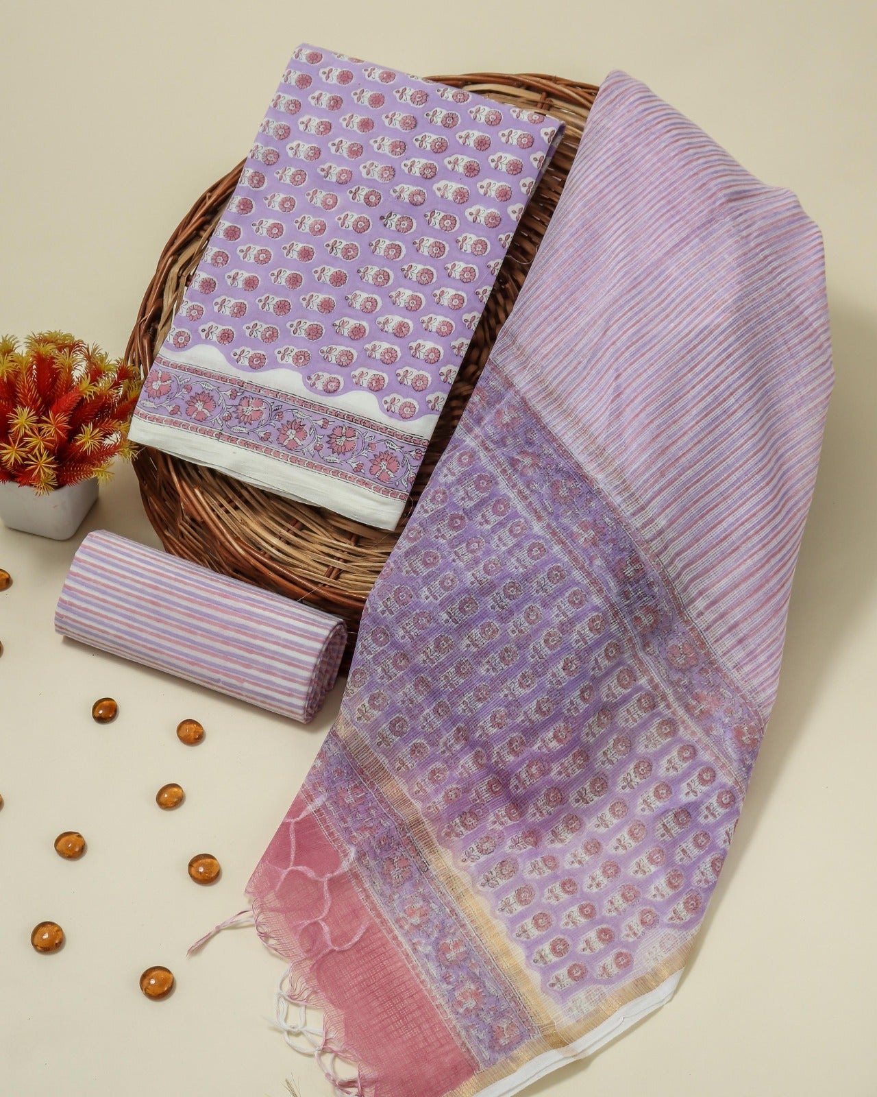 Shop hand block print cotton suits with doria dupatta (3CKD111)