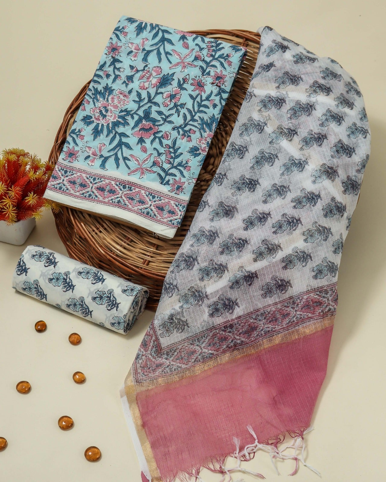 Shop unstitched block printed cotton suits with kota doria dupatta (3CKD117)