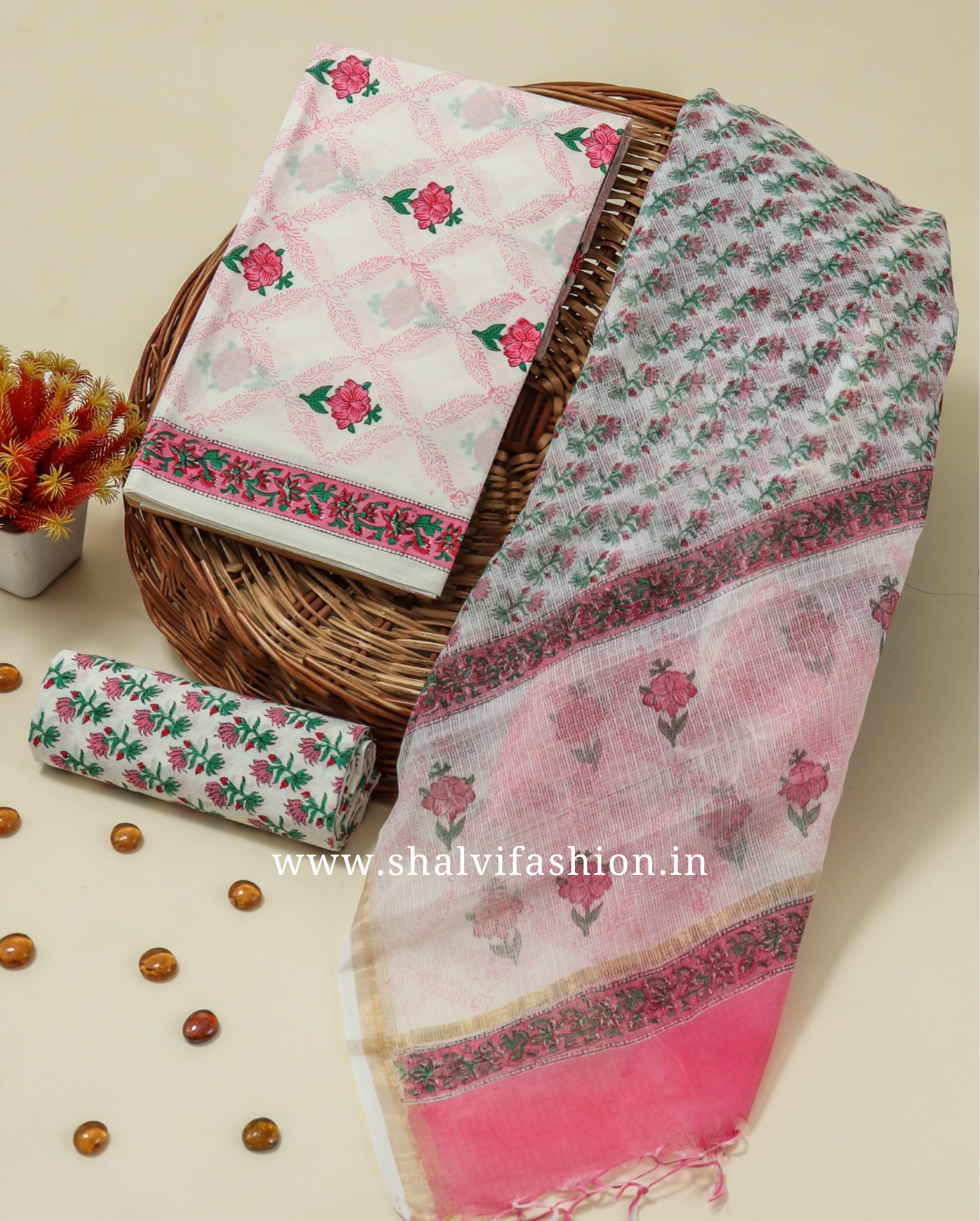 Shop hand block printed cotton suits with kota dupatta (3CKD126)