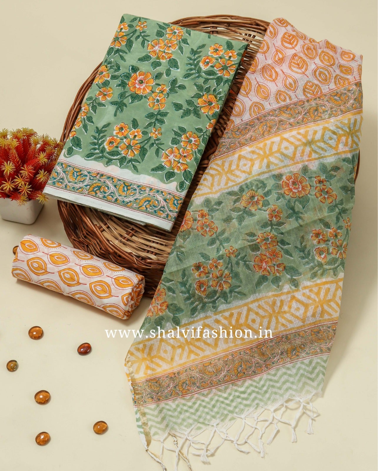 Shop traditional block printed cotton suits with kota dupatta (3CKD133)