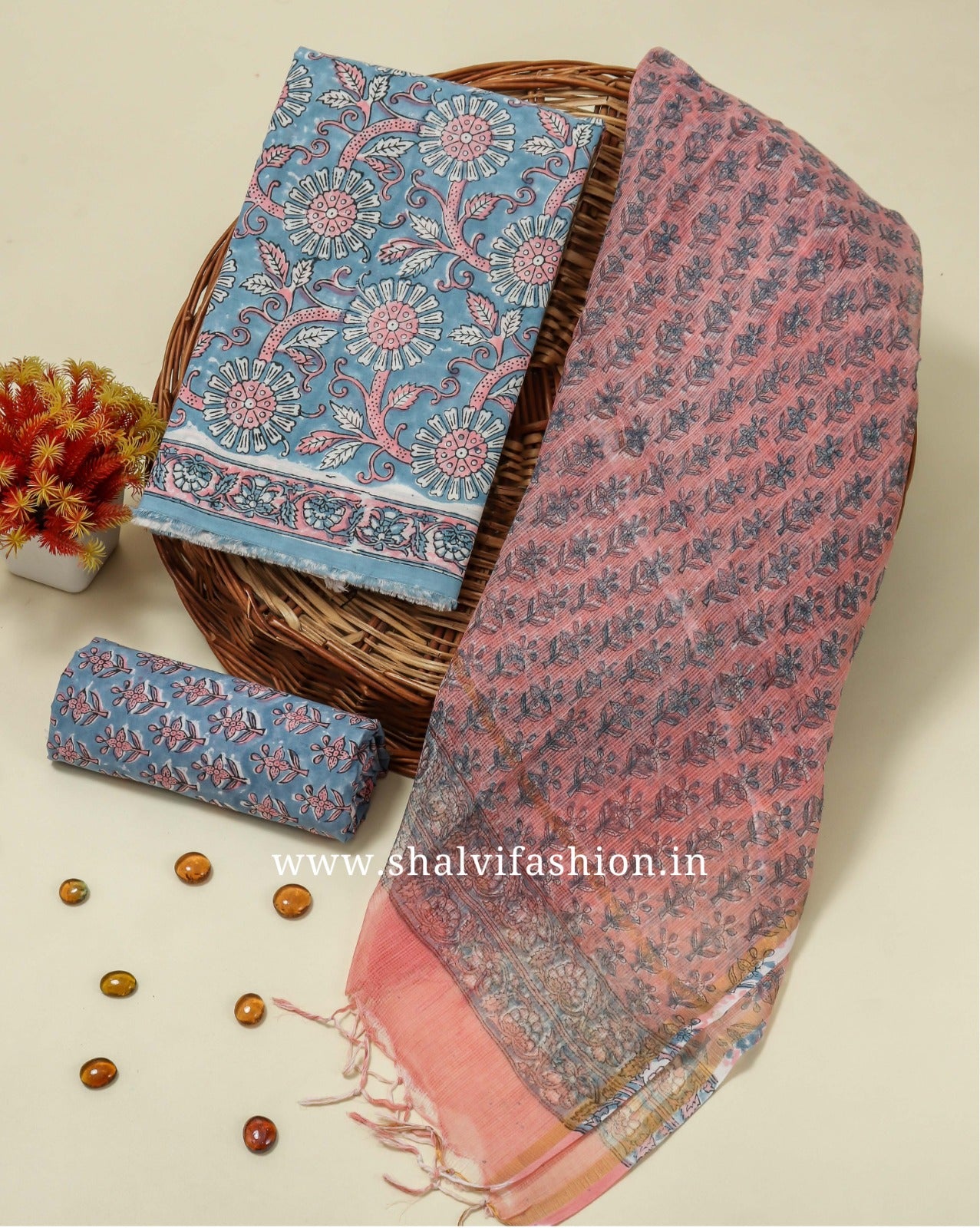 Shop block print cotton suits with kota doria dupatta (3CKD140)