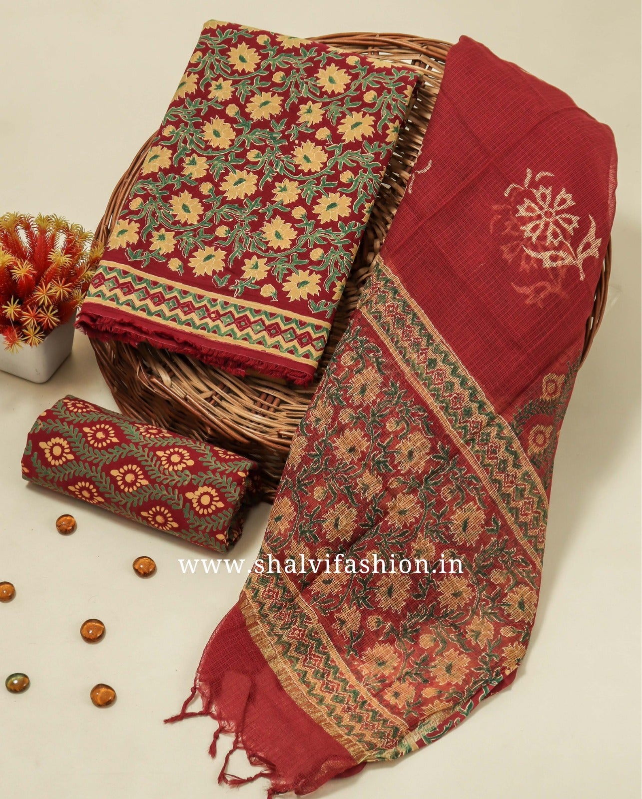 Shop hand block print cotton suits with kota doria dupatta (3CKD142)