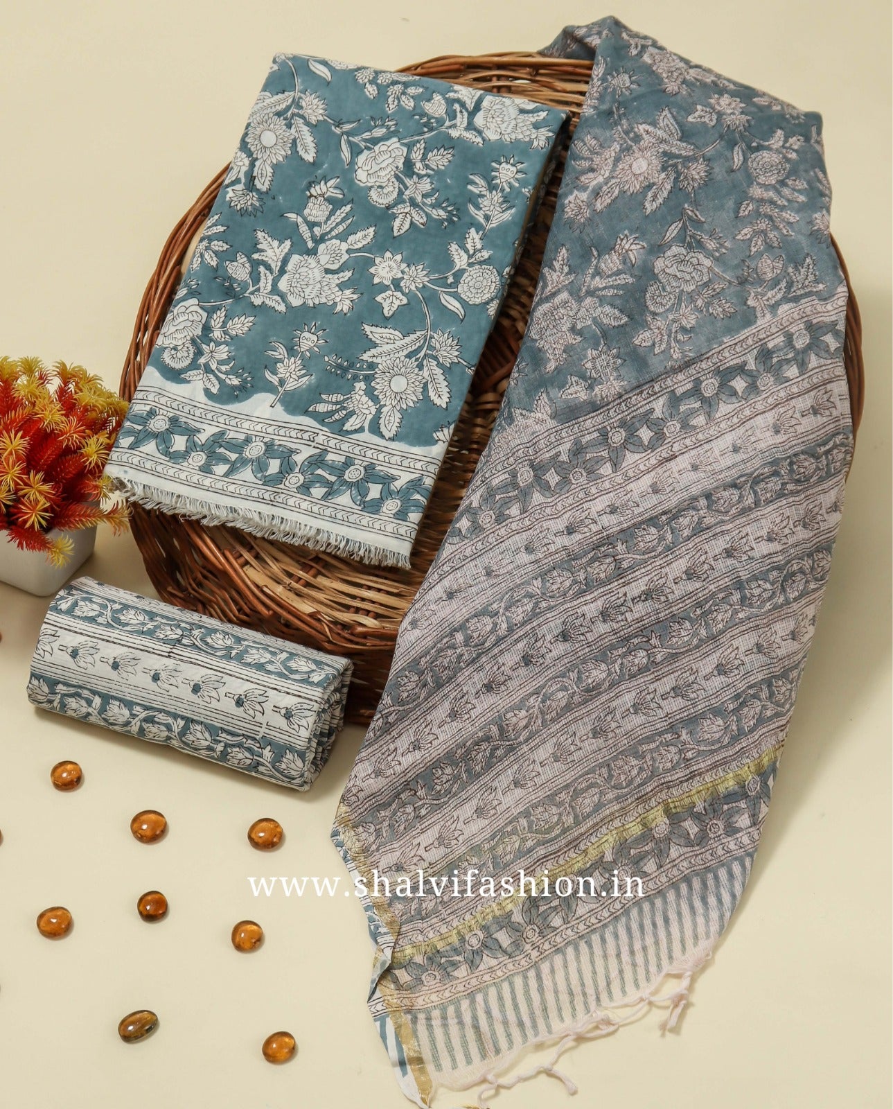 Shop block printed cotton suits with kota dupatta (3CKD147)
