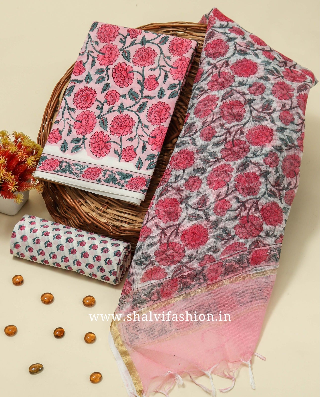 Shop hand block print cotton suits with kota dupatta (3CKD148)