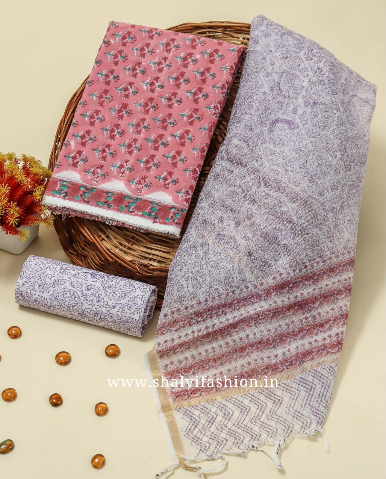 Shop unstitched block print cotton suits with kota dupatta (3CKD149)