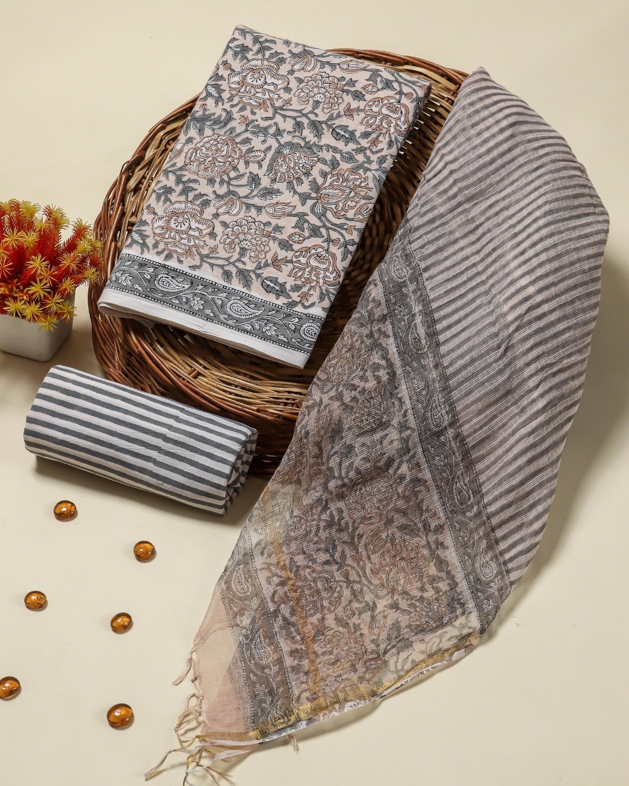 Shop Unstitched Block Print Pure Cotton Suits with Kota Doria Dupatta (3CKD162)