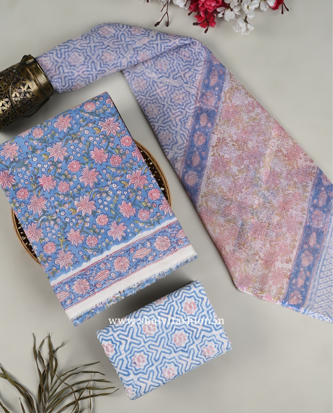 Floral Hand Block Print Pure Cotton Suit with Kota Doria Dupatta (3CKD166)