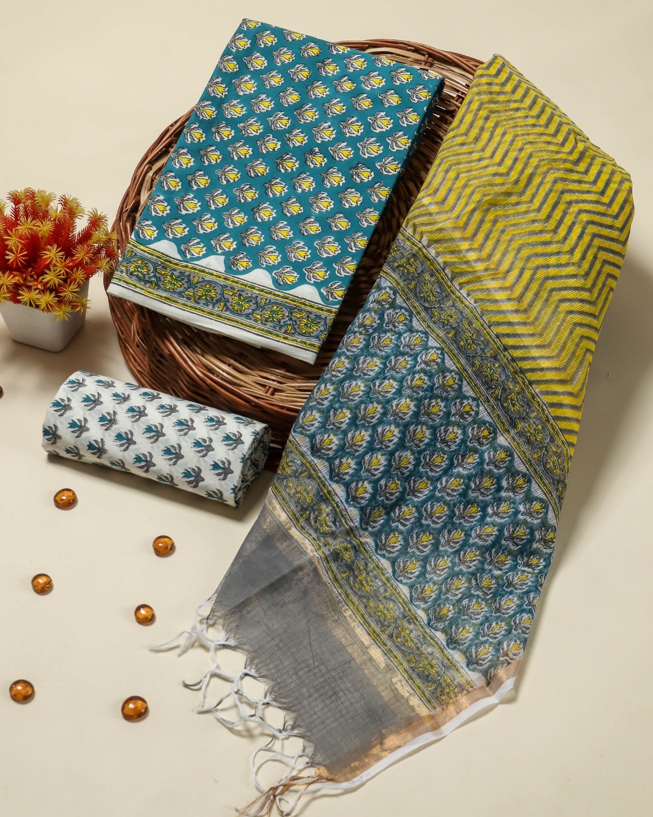 Shop block print cotton suit set with kota dupatta (3CKD17)