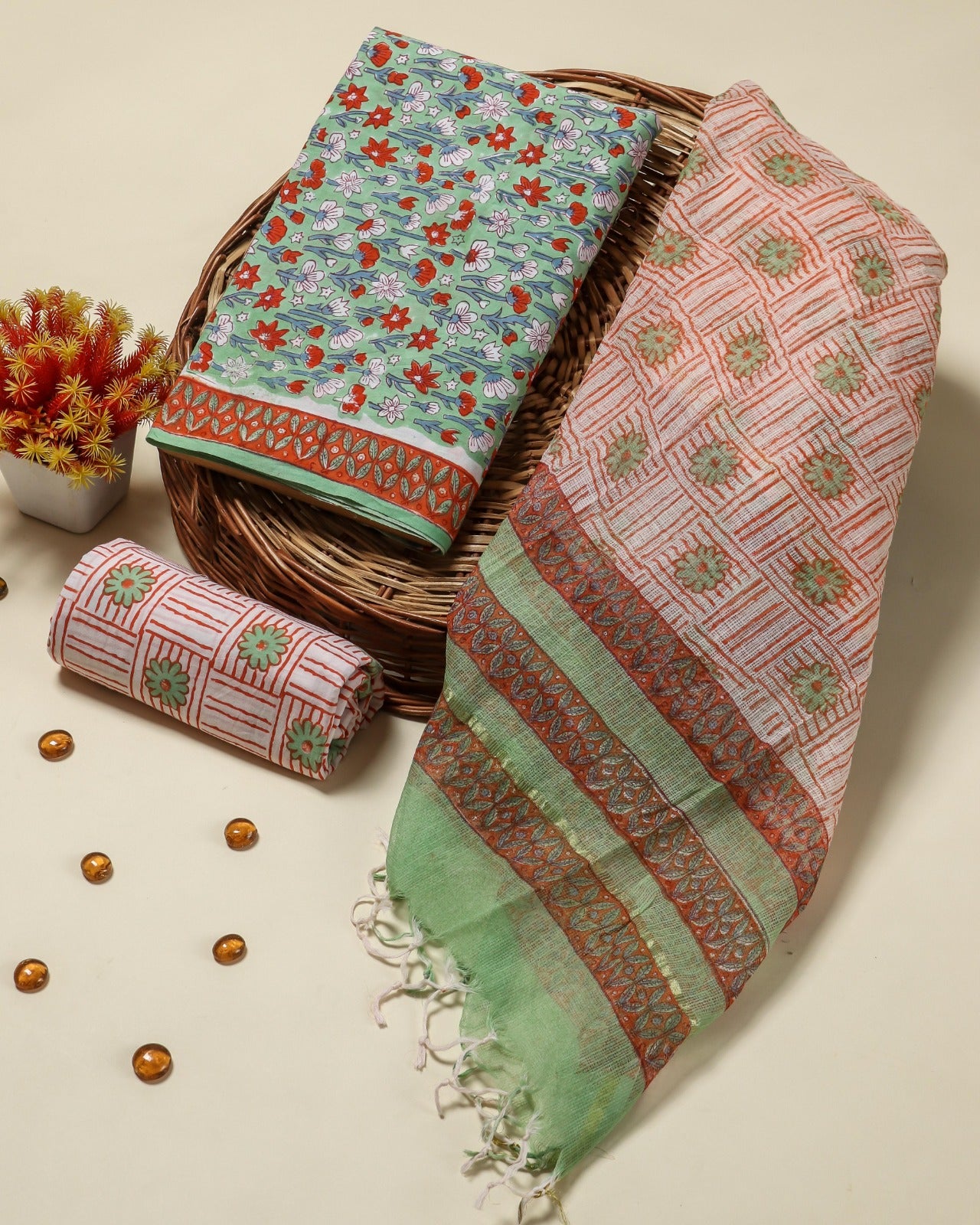 Shop block print cotton suits with kota dupatta (3CKD21)