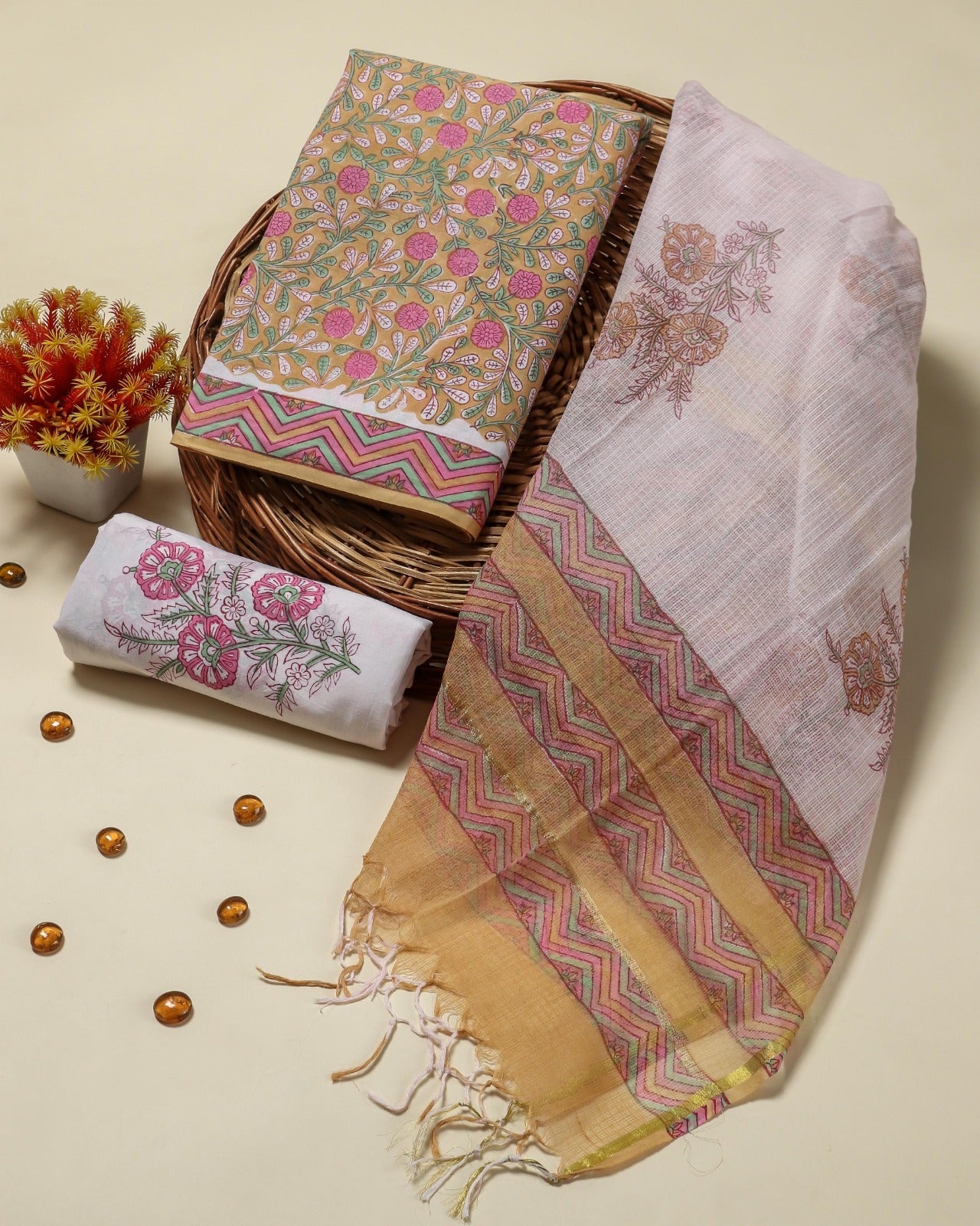 Shop hand block print cotton suits with kota dupatta (3CKD24)