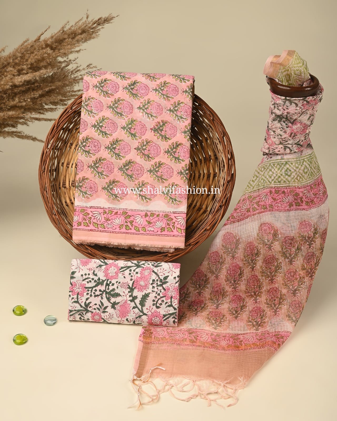 Shop hand block printed cotton suits with kota dupatta (3CKD284)