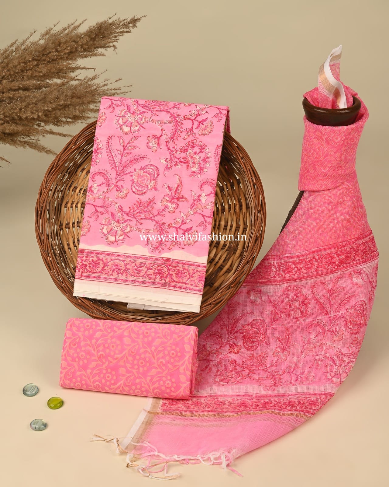 Shop block printed cotton suits with kota dupatta online (3CKD287)