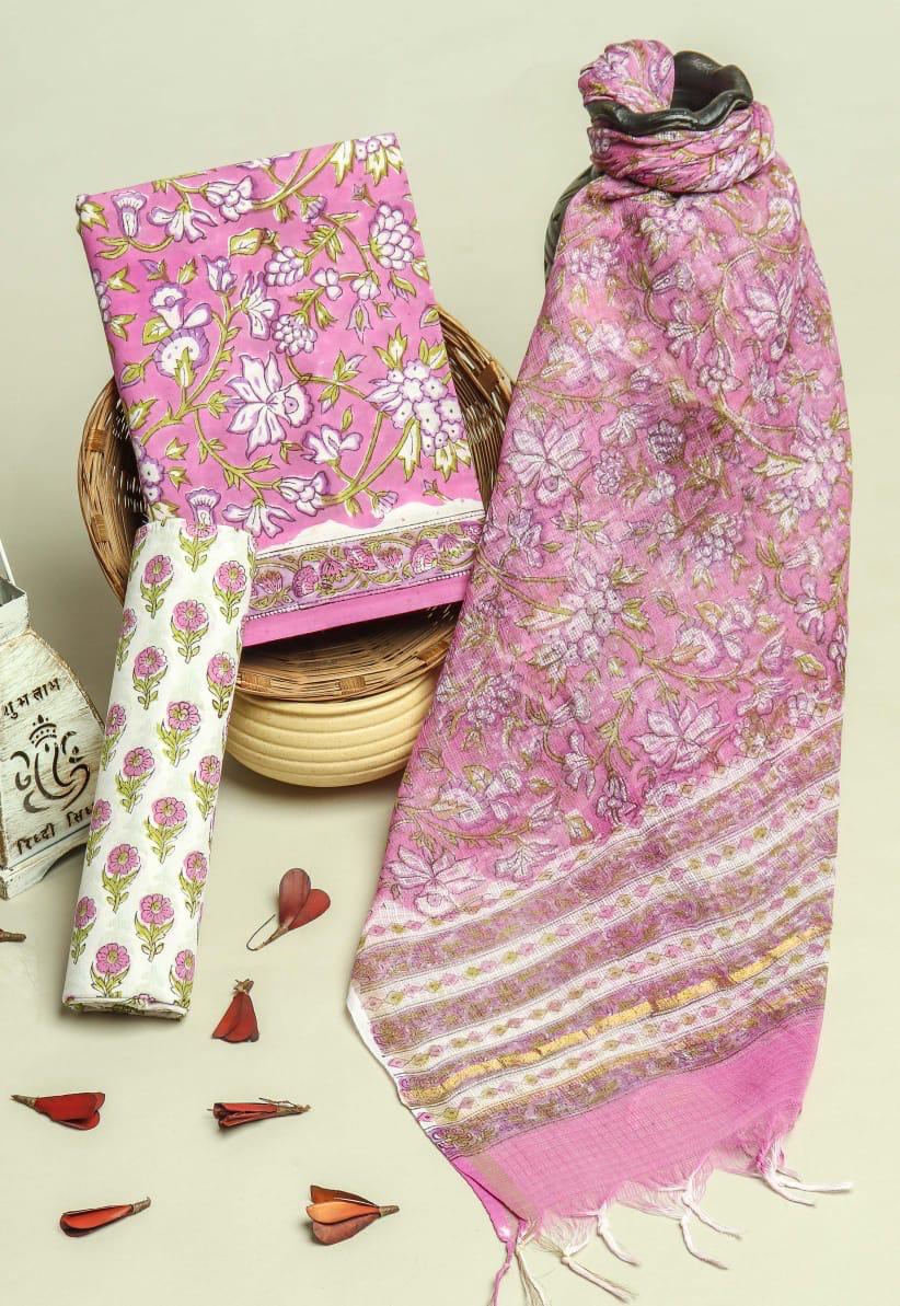 Shop block print kota dupatta cotton suits (3CKD289)