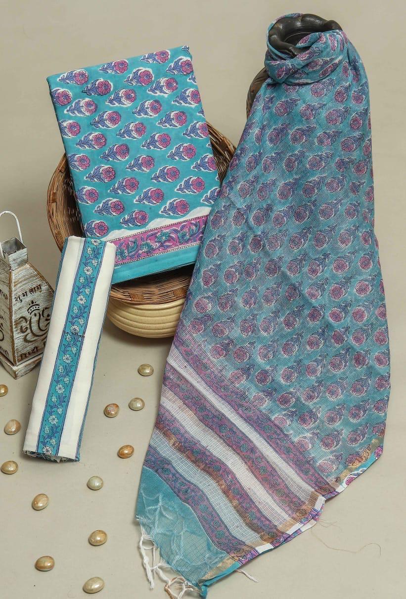Shop block printed cotton suits with kota dupatta (3CKD290)