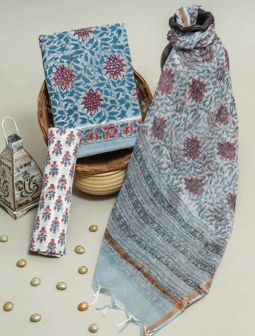 Shop hand block printed kota dupatta cotton suits (3CKD291)