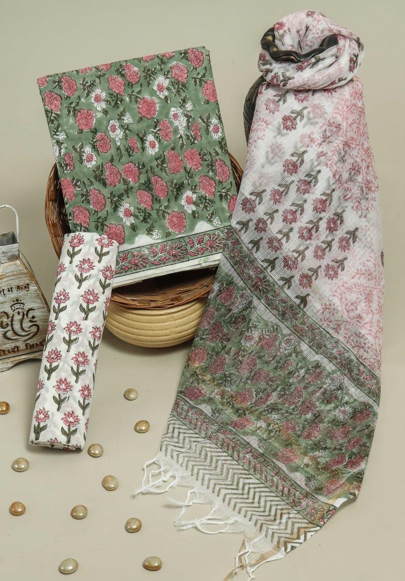 Elegant Jaal Print Cotton Suit Set with Kota Doria Dupatta (3CKD294)