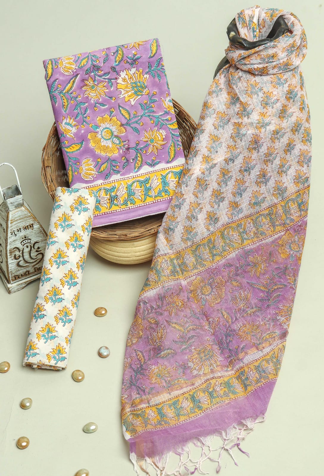 Shop hand block printed cotton suits with kota dupatta (3CKD299)