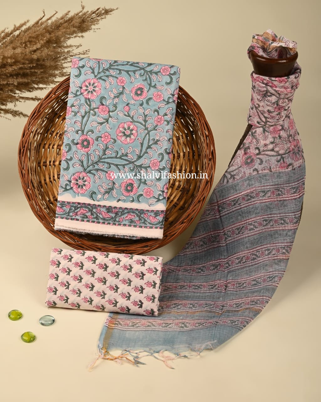 Shop block print cotton suits with kota doria dupatta (3CKD300)