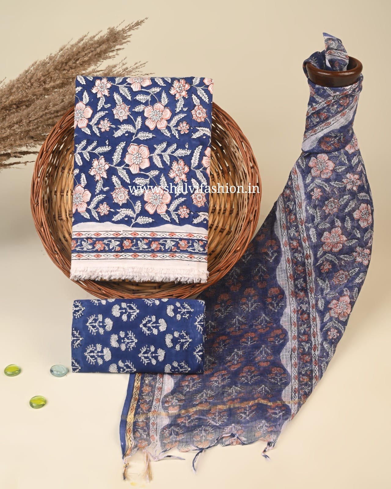 Shop block printed cotton suits with kota dupatta (3CKD312)