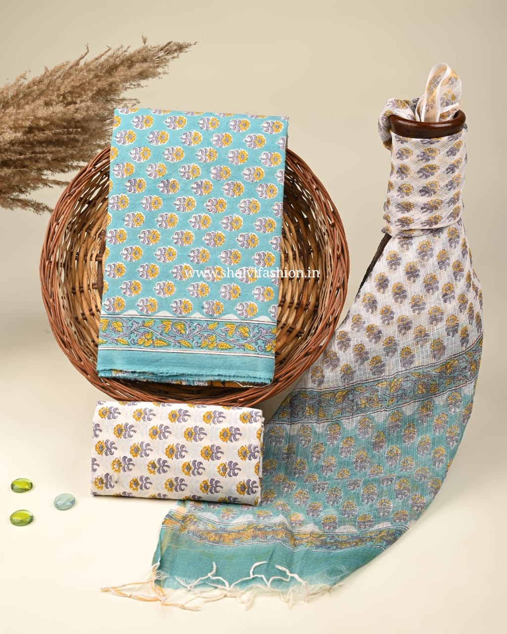 Shop unstitched block printed cotton suits with kota dupatta (3CKD325)