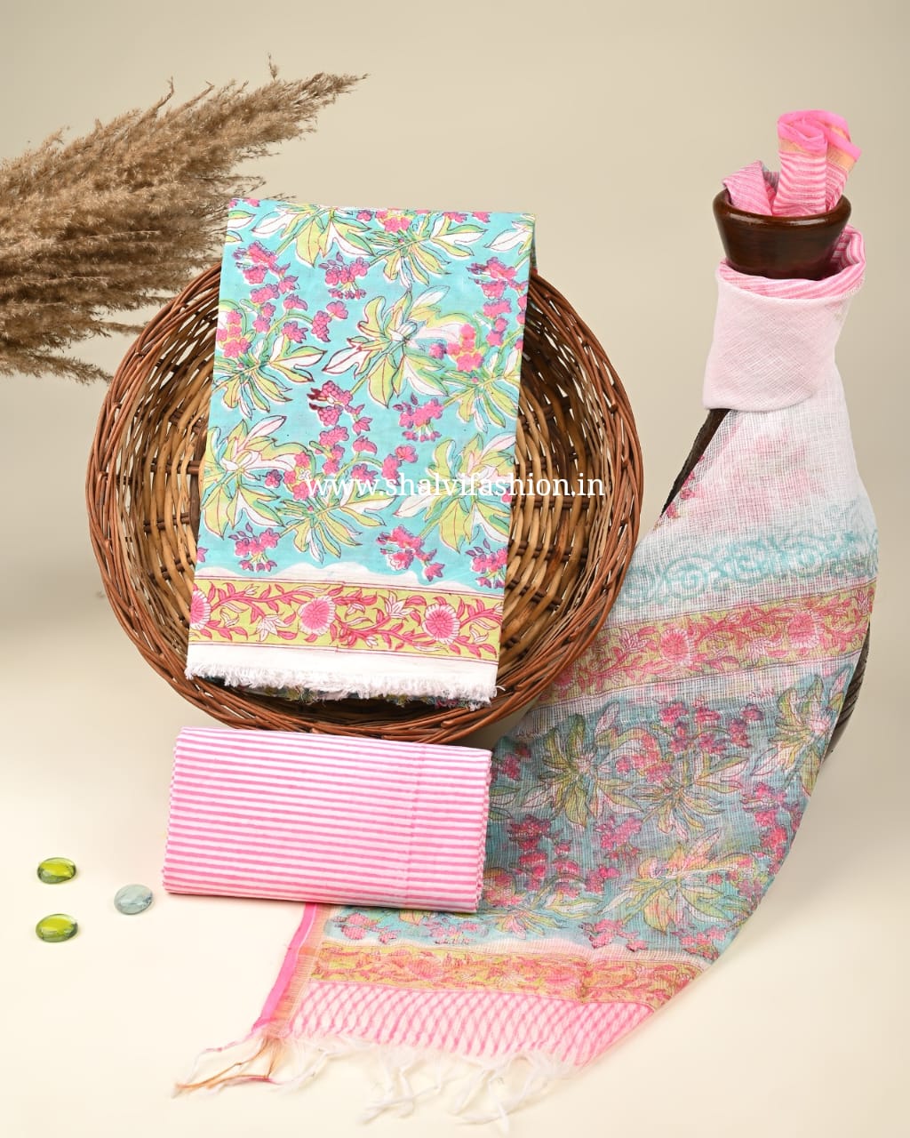 Shop block printed kota dupatta cotton suits (3CKD326)