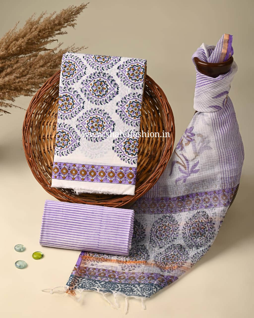 Shop block printed cotton suits with kota dupatta (3CKD330)