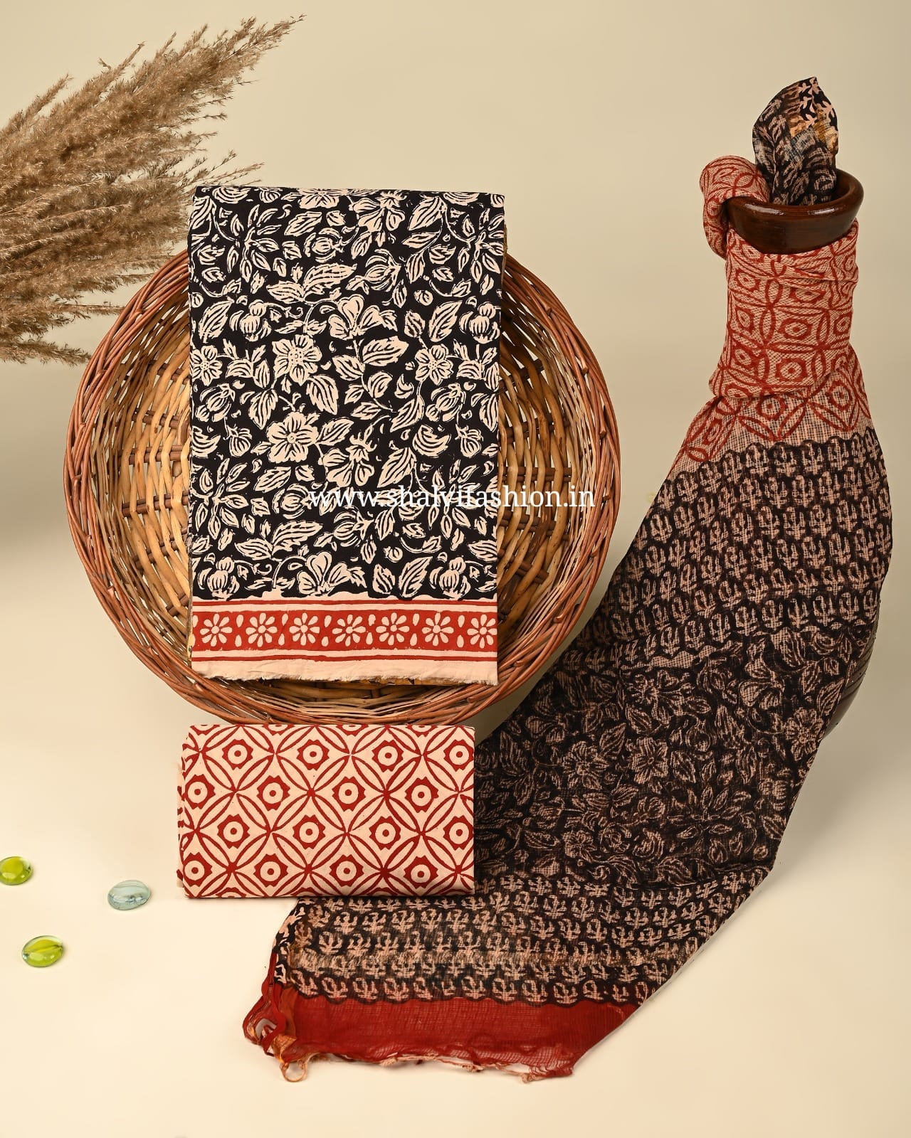 Shop bagru printed cotton suits with kota doria dupatta (3CKD341)