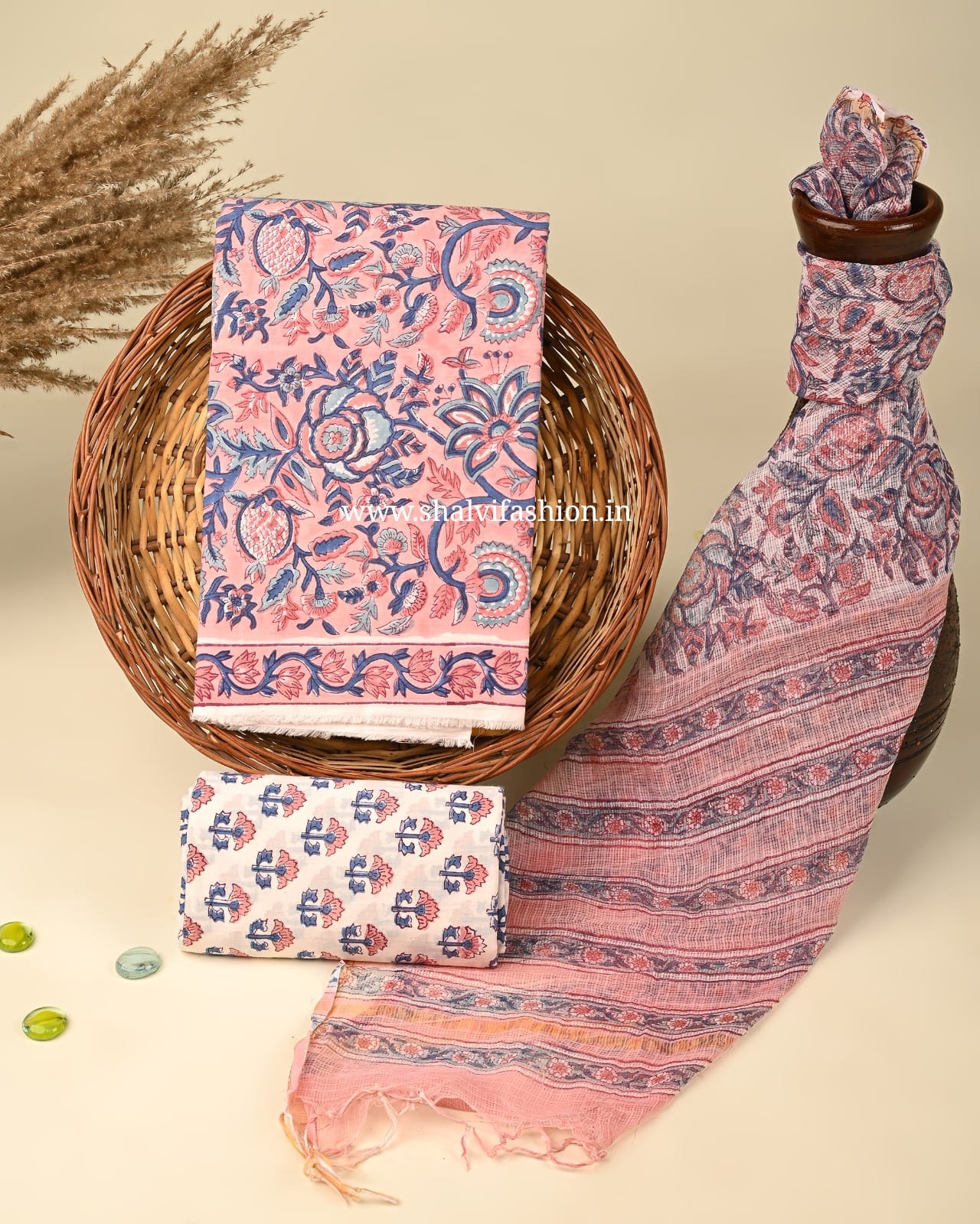 Shop hand block print cotton suits with kota dupatta (3CKD353)