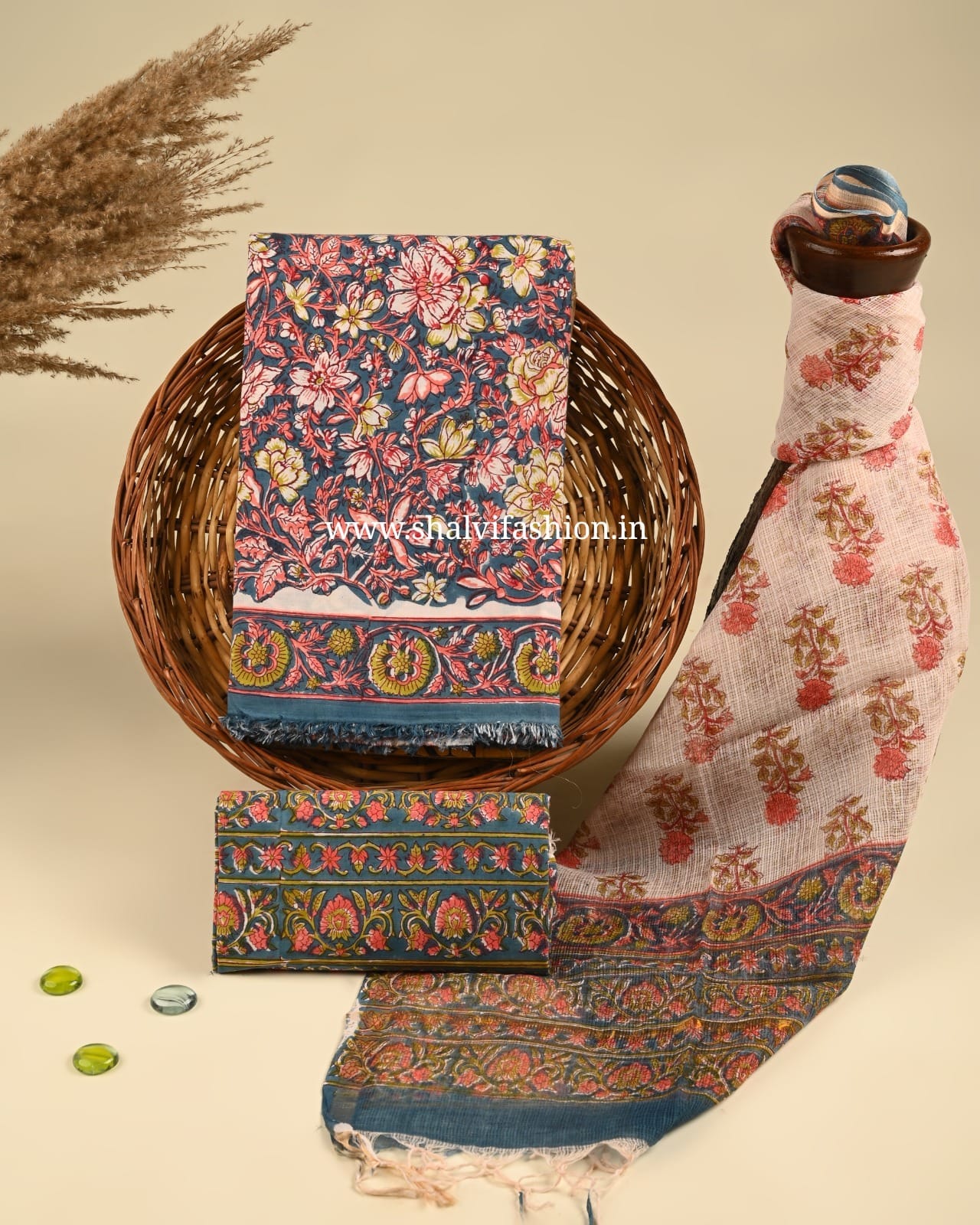 Shop block print cotton suits with kota dupatta (3CKD355)