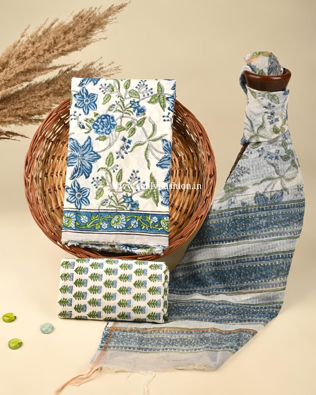 Shop block print cotton suits with kota dupatta (3CKD367)