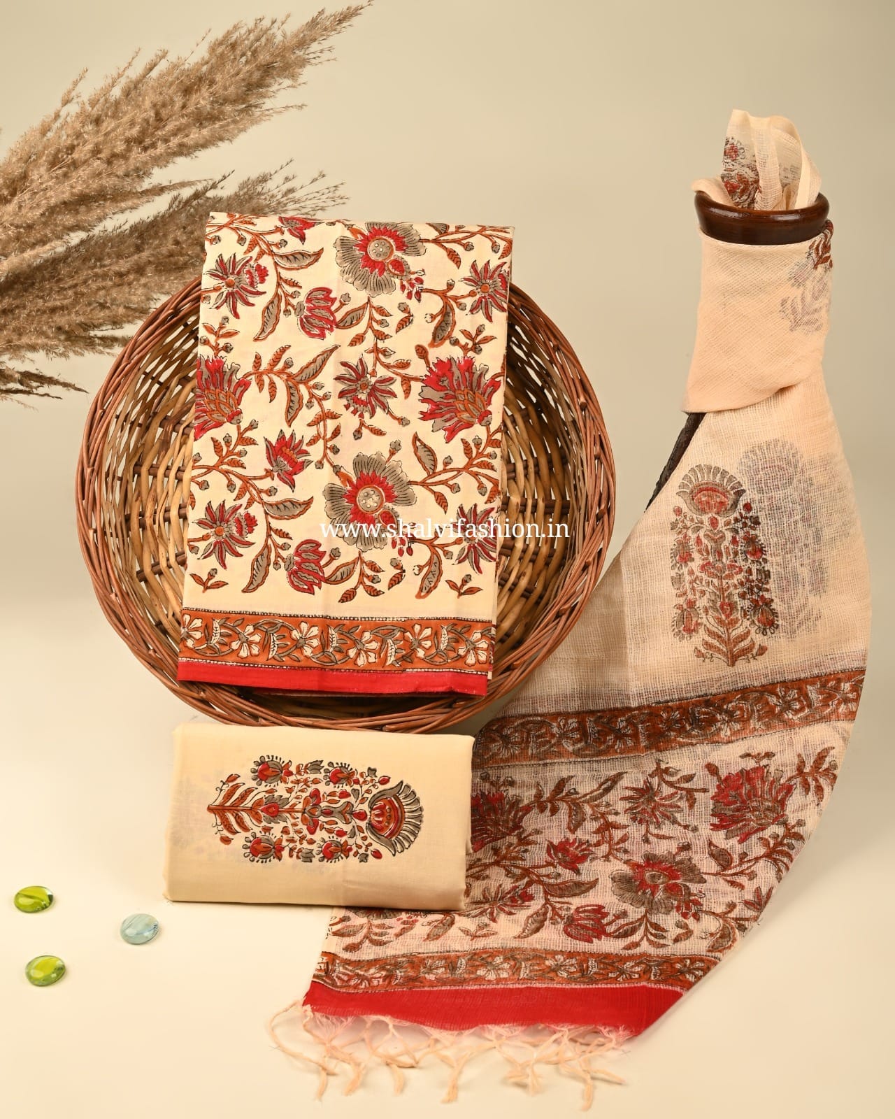 Shop unstitched block print cotton suits with kota dupatta (3CKD382)