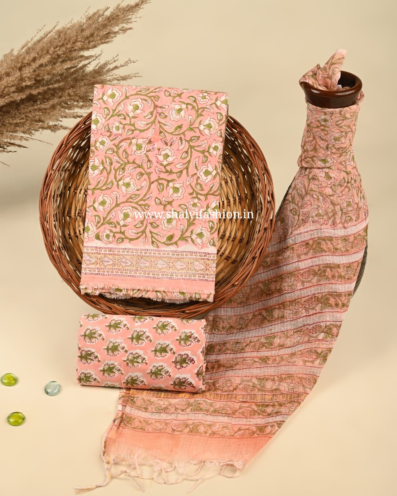 Shop unstitched block print cotton suits with kota dupatta (3CKD395)