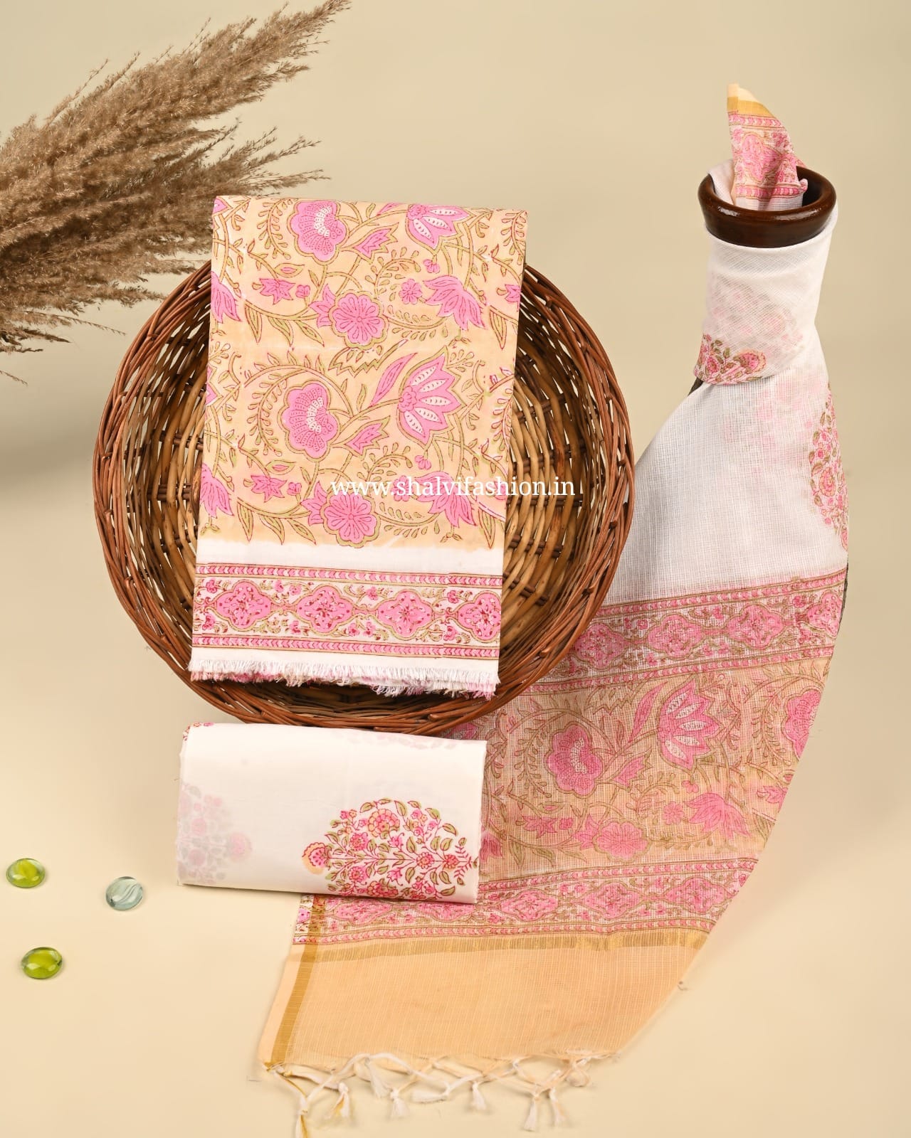 Shop hand block print cotton suits with kota dupatta (3CKD398)
