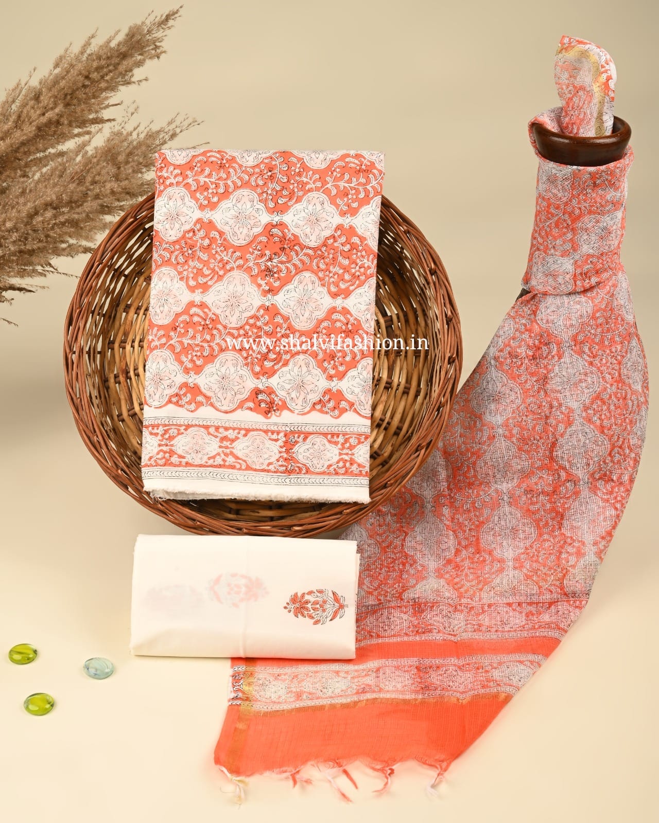 Shop hand block print cotton suits with doria dupatta (3CKD401)