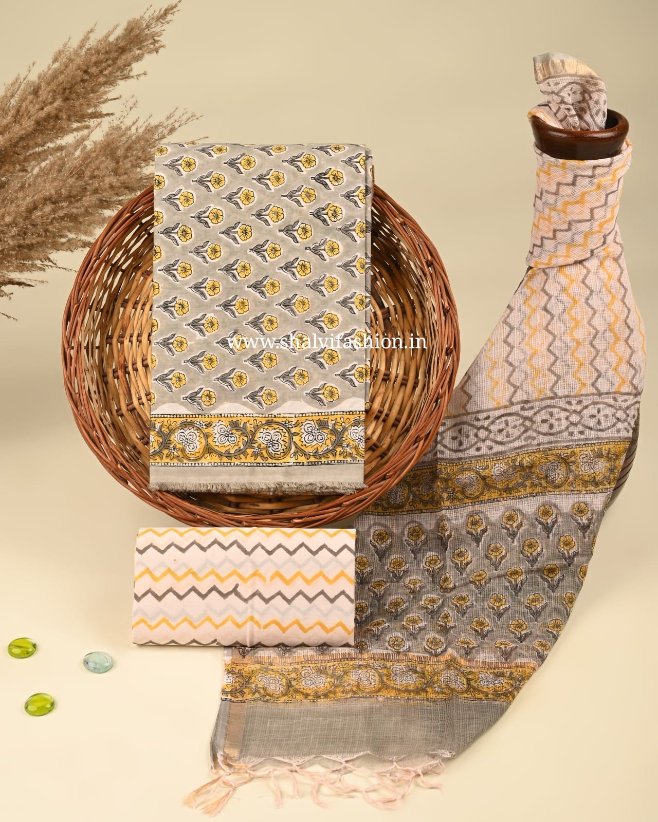 Shop handblock print cotton suits with kota dupatta (3CKD404)