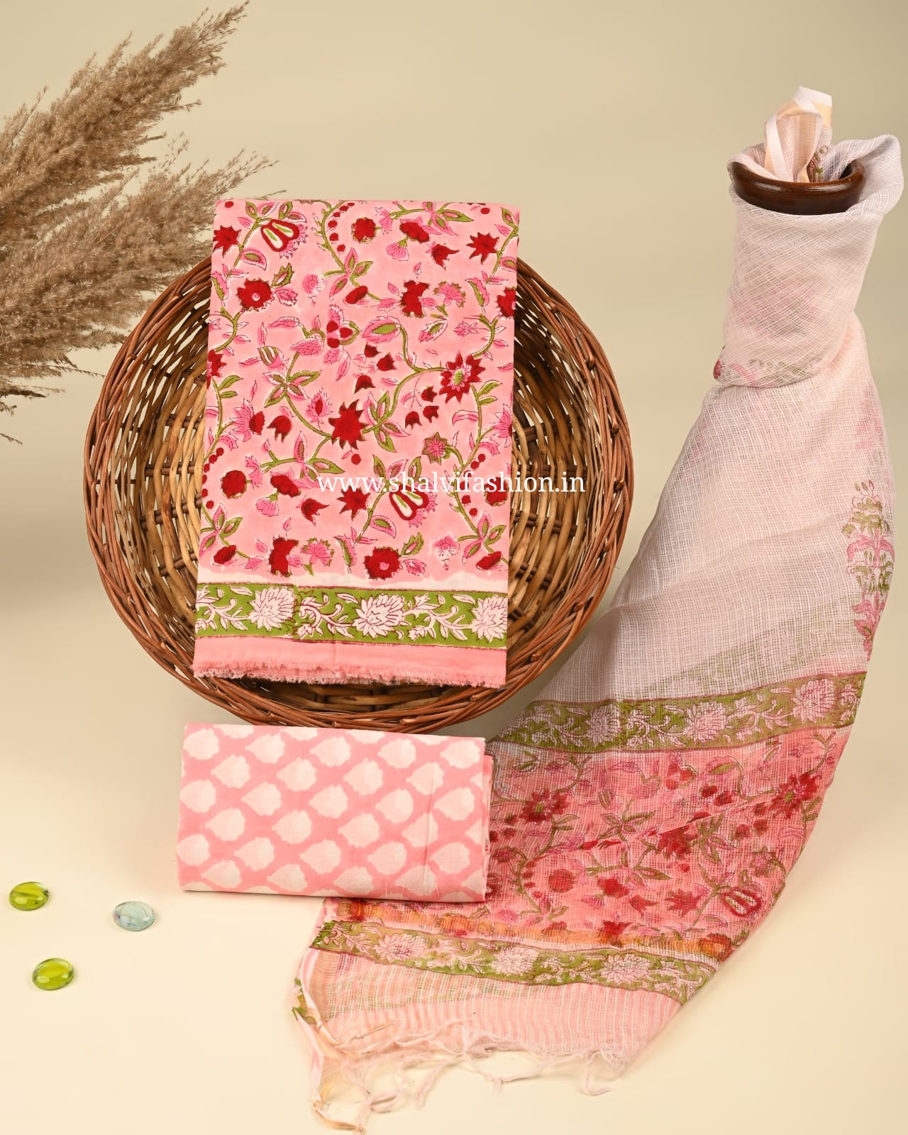 Shop sanganeri print cotton suits with kota dupatta (3CKD407)
