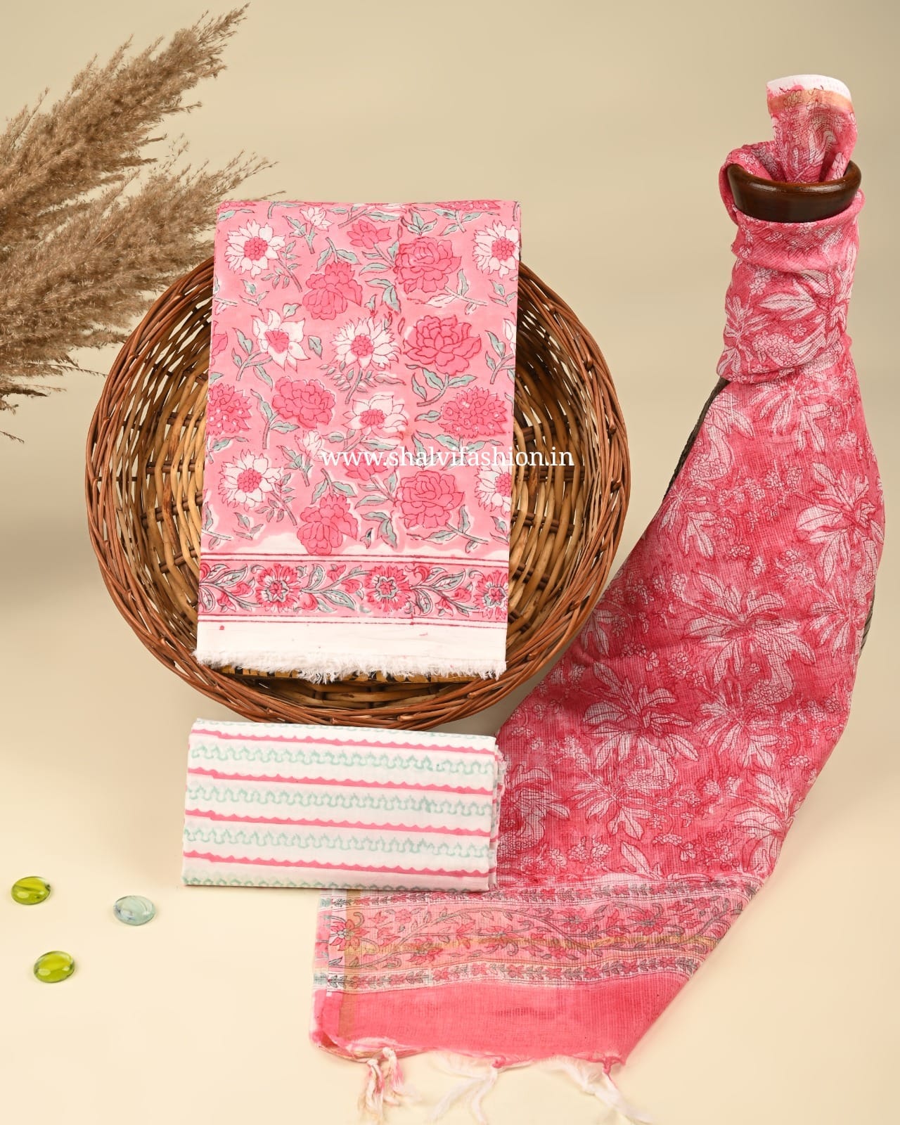 Shop block printed cotton suits with kota doria dupatta (3CKD416)