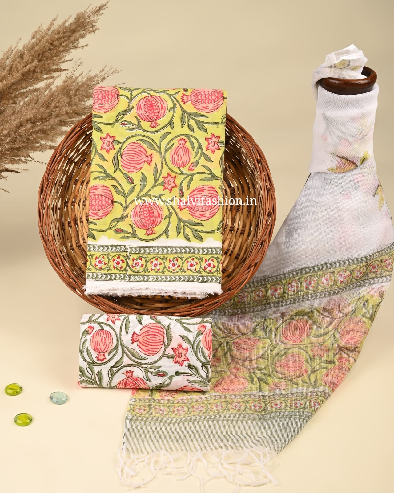 Shop block printed cotton suits with kota dupatta (3CKD417)
