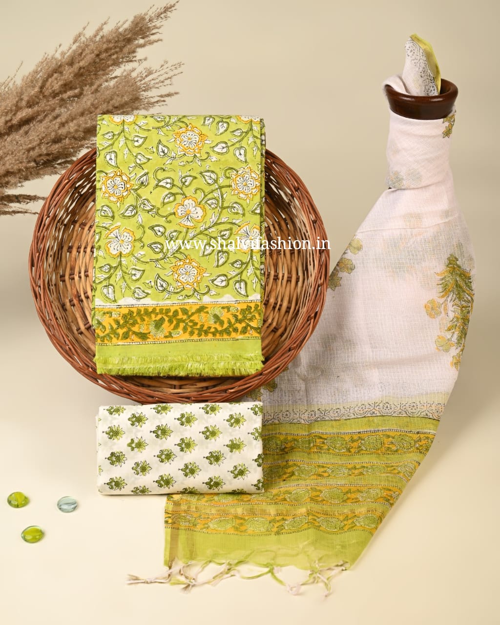 Elegant Hand Block Print Cotton Suit Set with Kota Doria Dupatta (3CKD419)