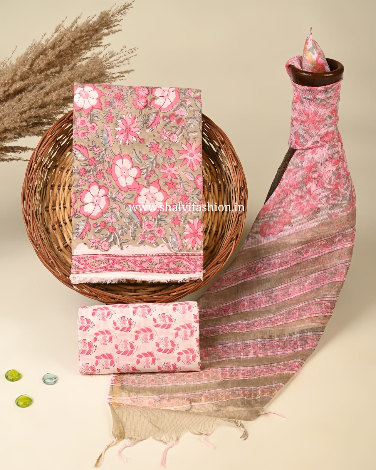 Shop unstitched block print cotton suits with kota dupatta online (3CKD427)