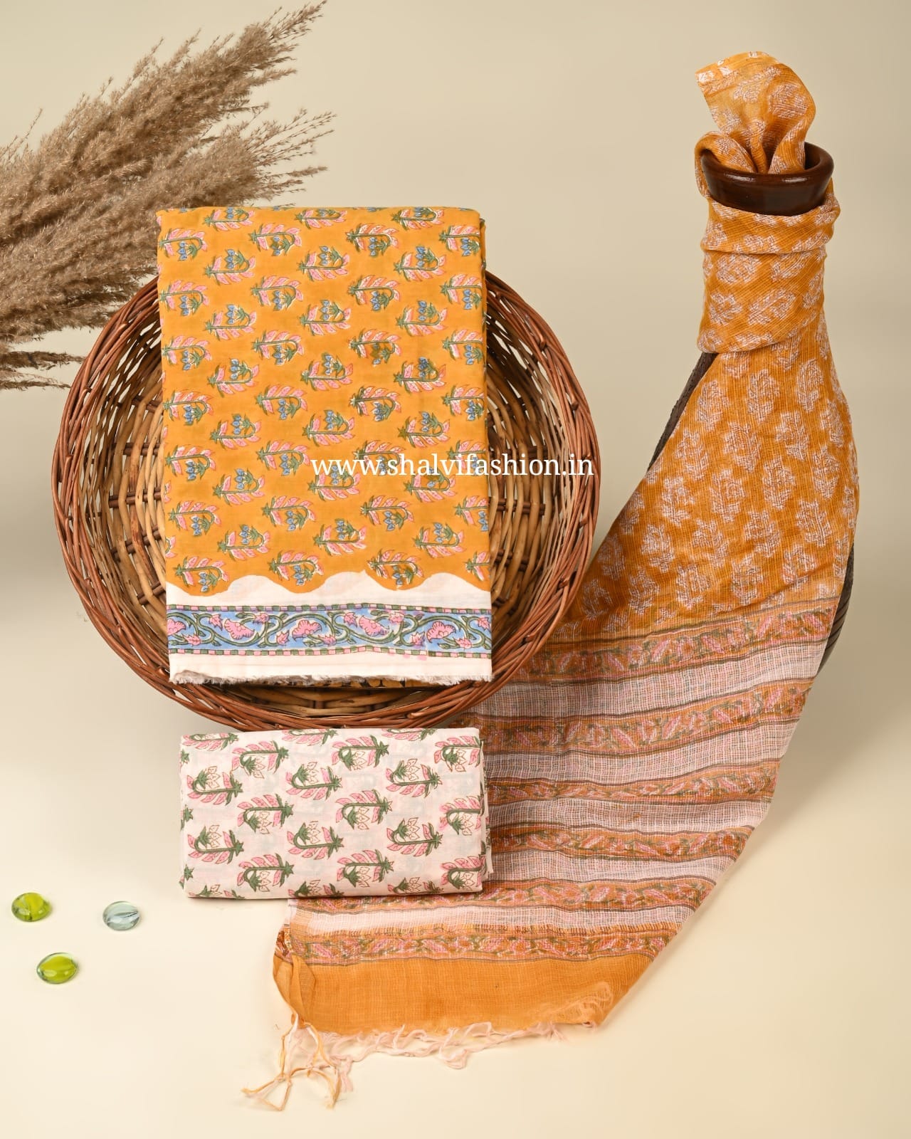 Shop block print cotton suits with kota dupatta (3CKD431)