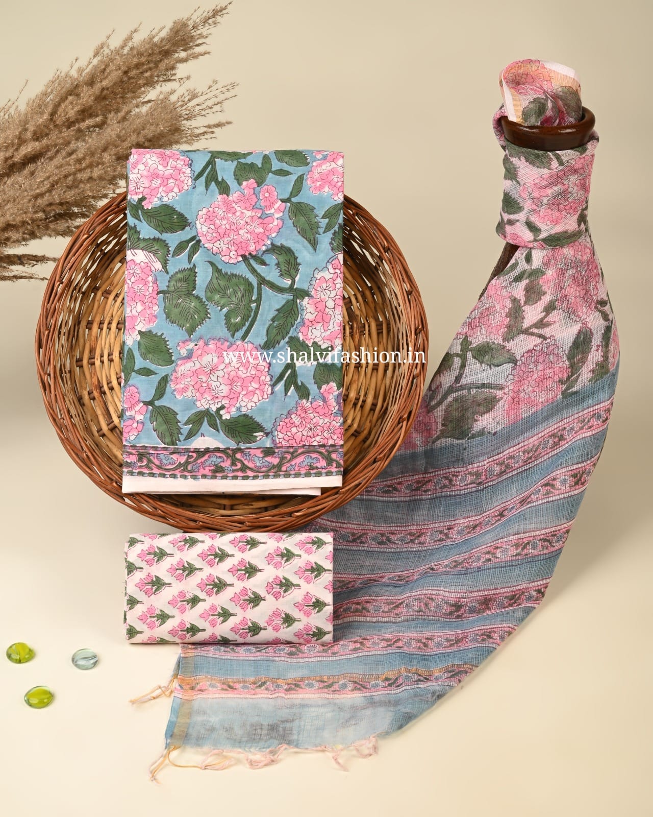 Shop block print cotton suits with kota dupatta (3CKD434)