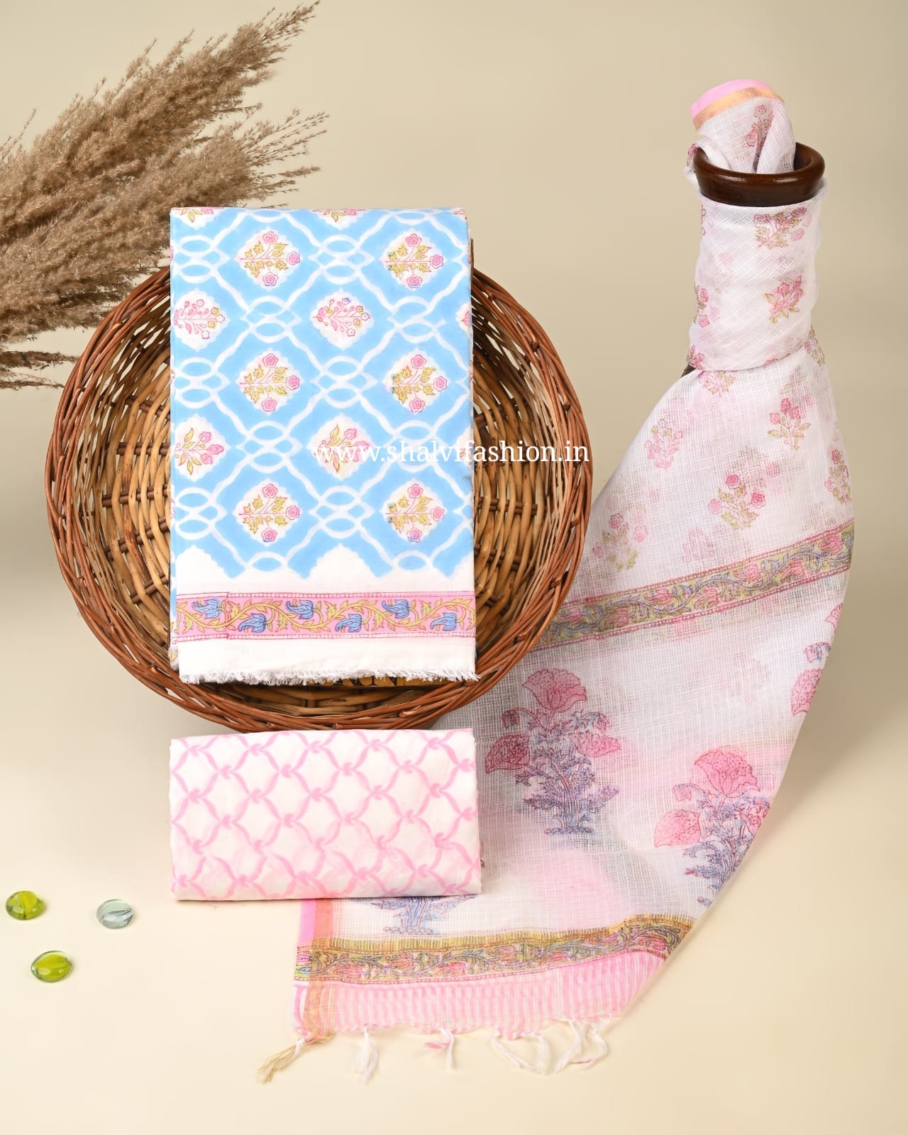Shop unstitched block printed cotton suits (3CKD436)