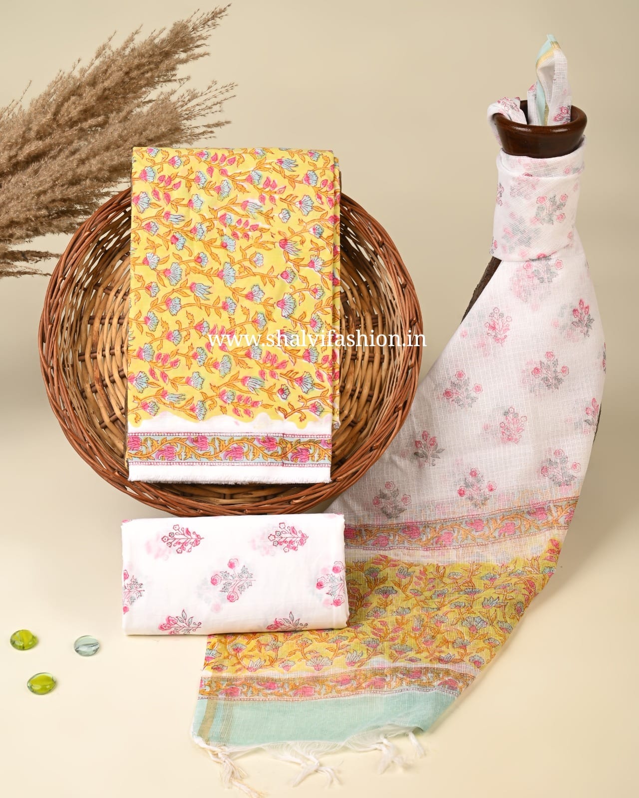 Shop block print cotton suits with kota dupatta (3CKD437)