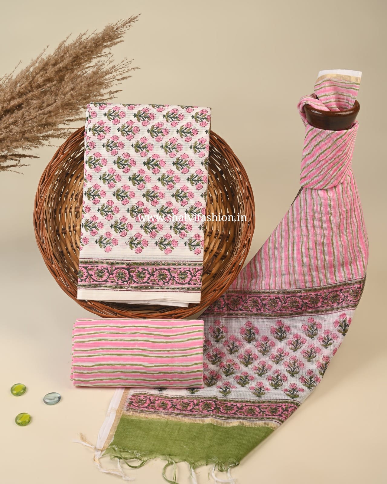 Shop block print cotton suits with kota doria dupatta (3CKD438)