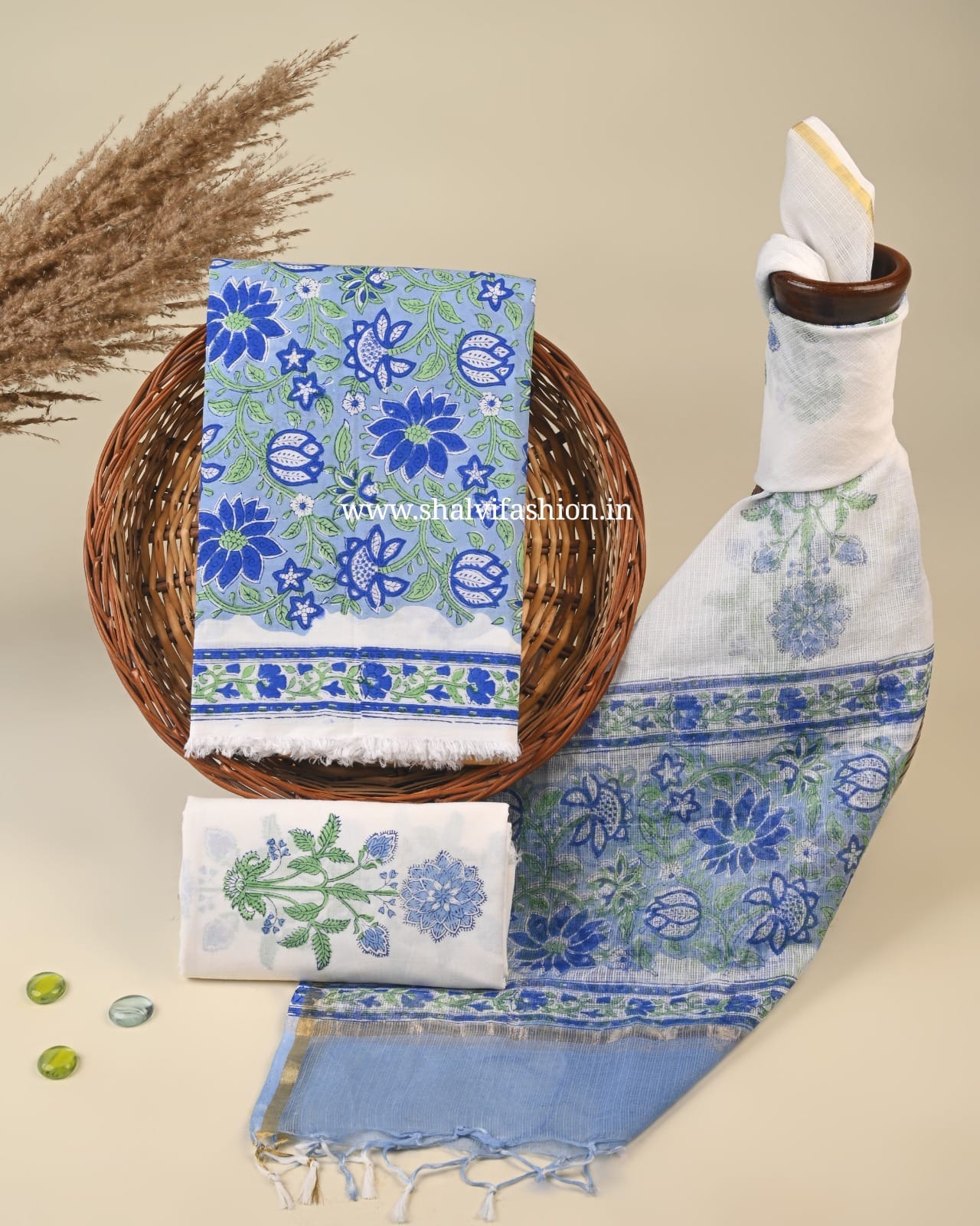 Shop hand block print cotton suits with kota dupatta (3CKD441)