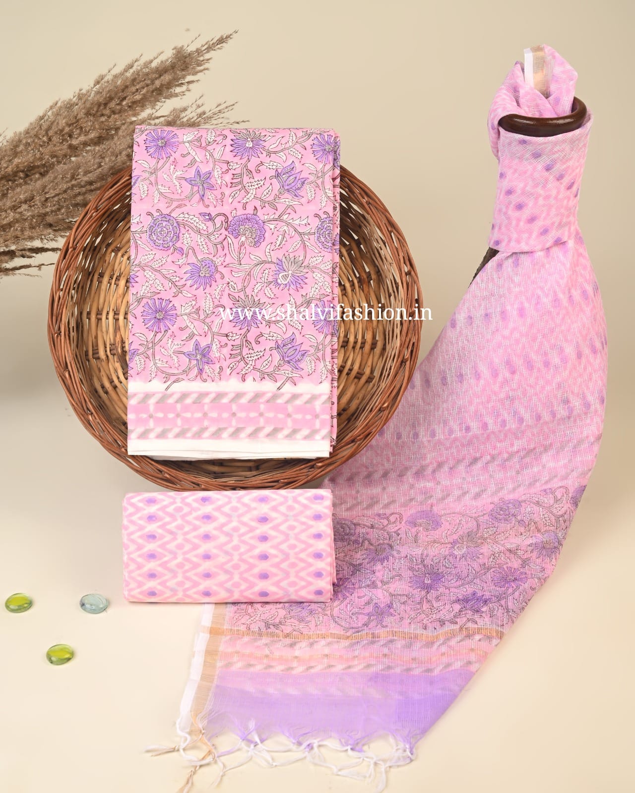 Shop block print cotton suits with kota dupatta (3CKD445)