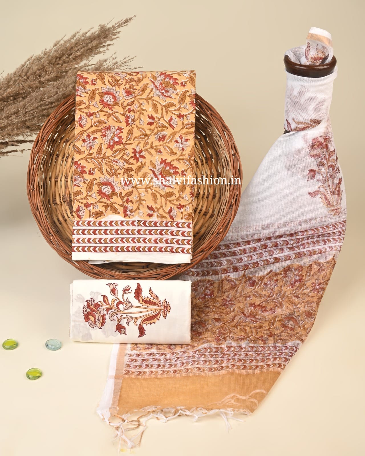 Shop hand block print unstitched cotton suits with kota dupatta (3CKD446)